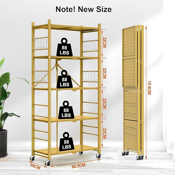 Himix Storage Shelves with 20 Hooks, 5-Tier Foldable Shelves for Storage, Folding Shelf Unit Pantry Shelves with Wheels, Standing Shelving Unit for Kitchen Garage Home Office Room Greenhouse, Gold