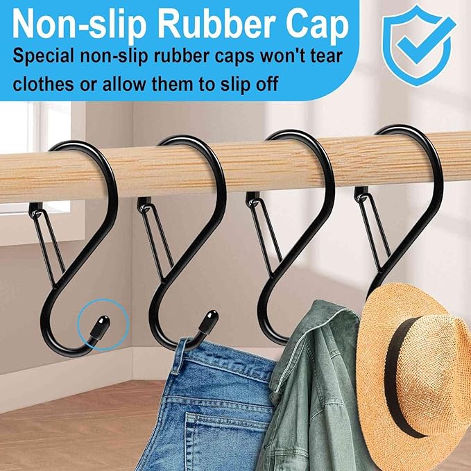 S Hooks for Hanging Plants, 4 Inch Large Heavy Duty S Hooks with Safety Buckle & Stopper Non Slip, 10 Pack Black Metal Closet S Hook for Hanging Clothes, Kitchen Utensil, Jeans, Curtains, Towels, Bag