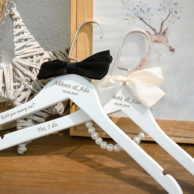 2 Pcs Personalized Wedding Hanger for Bride and Groom, Wooden Bride Hanger, Custom Mr and Mrs Hangers with Bow Tie for Tuxedo, Bridal Party Shower, Wedding Gift