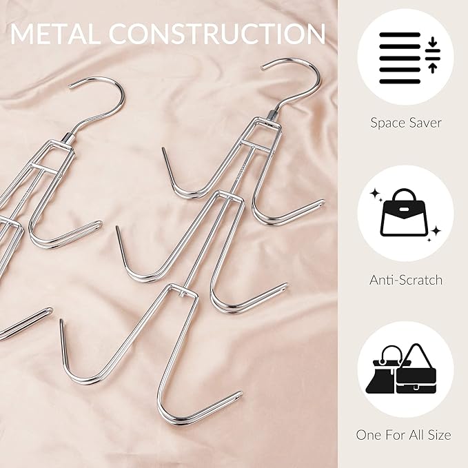 ZEDODIER Purse Organizer for Closet, 2 Pack Purse Hanger with 12 Hooks, Space Saving Handbag Organizer Bag Holder Backpack Rack Holds Multiple Purses, Metal Closet Organizers and Storage, Silver