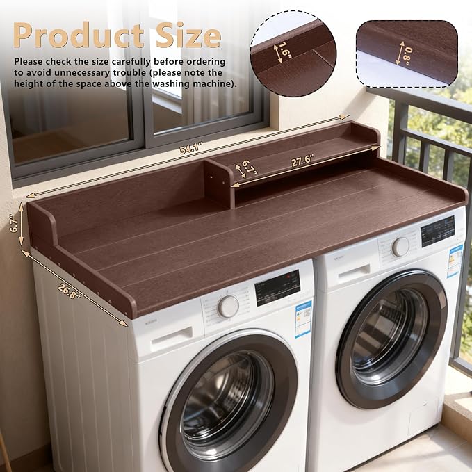 Washer and Dryer Countertop with Shelf, HDPE 2-Tier Laundry Countertop, 54" Wide Laundry Machine Topper with 2 Hooks & Non-Slip Pads for Laundry Room Organization and Folding Clothes (Brown)