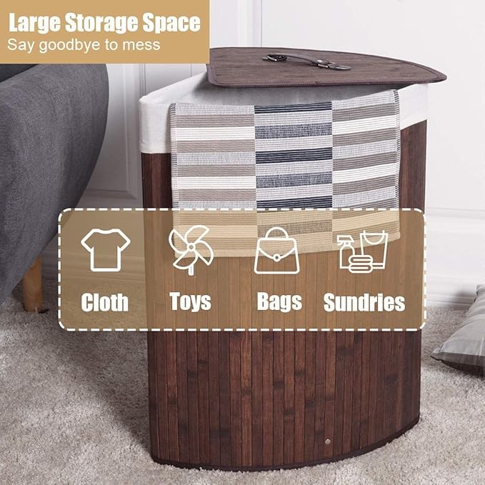 GOFLAME Corner Bamboo Laundry Hamper with Lid and Removable Liner, Washing Clothes Basket Storage Bin with Handle, Suitable for Bedroom, Bathroom, Laundry (Brown)