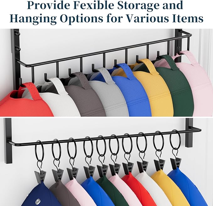 Consumest Over Door Hat Organizer - 3 Tier Wall Mounted Hat Rack with 16 Hooks and 10 Movable Clips, Hanging Baseball Cap Storage Holds up to 26 Caps for Door, Bedroom, Closet USPTO Patent Pending