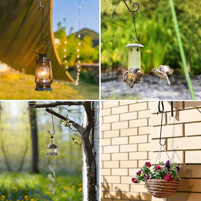 6 Pack 10 inch Extra Large S Hooks for Hanging Plants,Black Heavy Duty Long Plant Hook for Hanging Baskets Outdoor Plant Hangers Extension Hooks for Bird Feeders,Kitchenware,Pergola,Outdoor