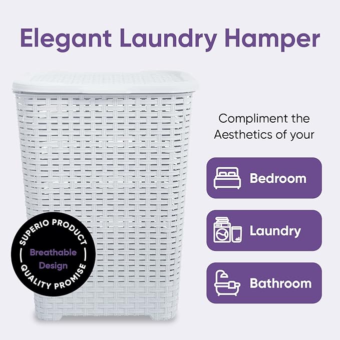 Plastic Laundry Hamper with Lid 3 Pack Laundry Hamper Basket, White Smoke Tall Cloths Hamper Organizer with Cut-out Handles. Space Saving for Laundry Room Bedroom Bathroom, Wicker Design 60 Liter