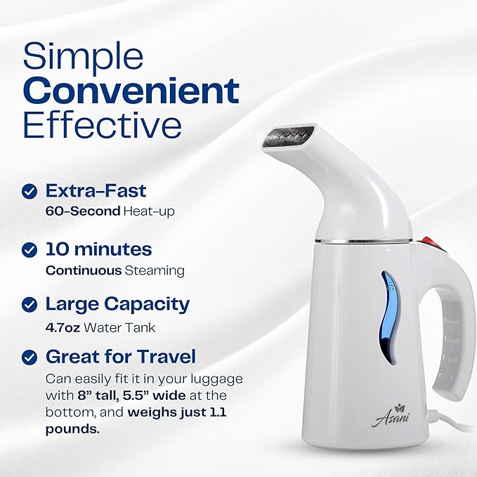 Asani Handheld Steamer for Clothes | 7-in-1 Powerful Wrinkle Remover | Clean, Refresh, Treat, Defrost | Garment and Soft Fabric Steamer w/ 60-Second Heat-Up. Portable, Travel