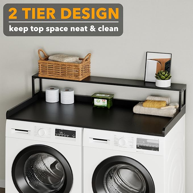 SpaceAid 2-Tier Washer Dryer Countertop, Laundry Topper with Rack Shelf 54" Width x 27.5" Depth x 10" Height Organizer Cover for Washer and Dryer Laundry Hamper Counter Storage (Black)
