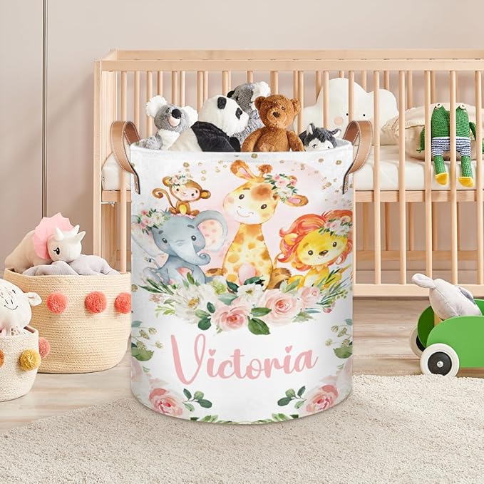 Personalized Laundry Basket, Custom Gift Laundry Hamper, Collapsible Nursery Waterproof Laundry Baskets, Dirty Clothes Toy Hamper with Handles Safari Animals Pink Floral