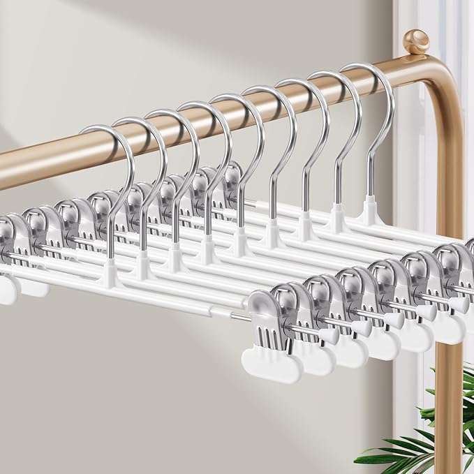 HUADYMEET 10 Pack 14Inch Pants Hangers with Wide Clips,Metal Trouser Hanger for Jeans.Space Saving Skirt Hangers Heavy Duty Non-Slip Adjustable Clothes Shorts Hanger for Women,Men,White