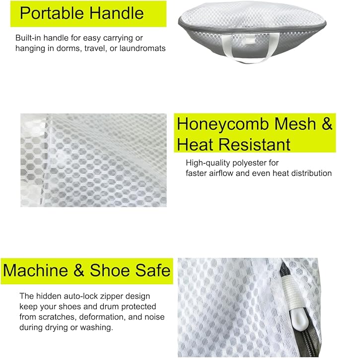 3D Sneaker Dryer Bag, 2-In-1 Shoe Wash and Dry Net Bag for Dryer Door with Non-Slip Elastic Straps, Large Mesh Laundry Bag for Shoes, White, 15.7 x 11.8 x 3.1 Inches