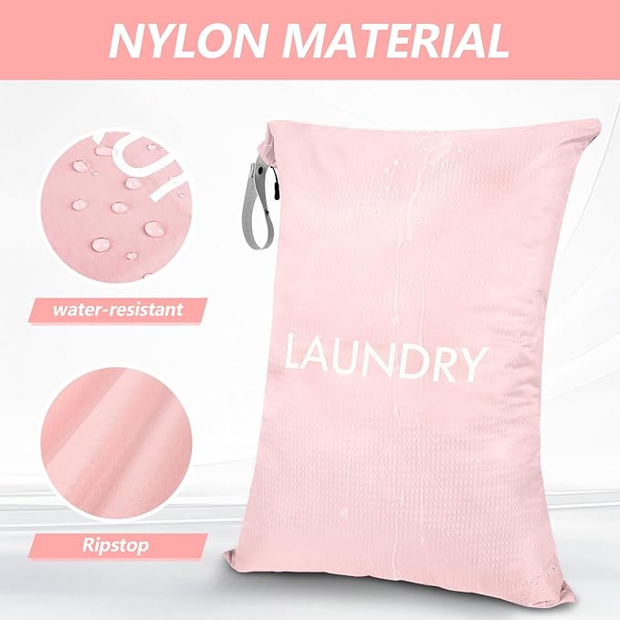 MissBoy Laundry Bag, Heavy Duty Nylon Washable Laundry Bags with Zipper, 50L Dirty Clothes Travel Bag for Girls, Laundry Accessory for College & Dorm, Pink