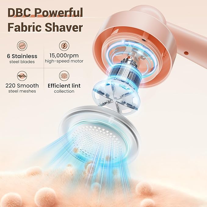 DBC Rechargeable Fabric Shaver and Lint Remover,2.7" Sweater Shaver with 3-Speeds and 6-Leaf Blades, 2hours runtime, 2 Replaceable Blades, Battery Operated,Remove Pilling, Furniture,Fuzz,Lint Ball