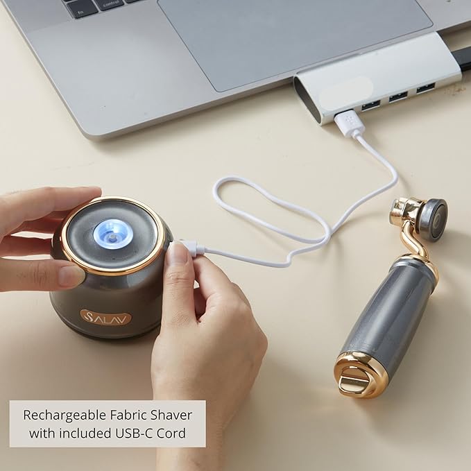 SALAV® Retro Edition Rechargeable Fabric Shaver and Lint Roller with 6-Blade System Removes Fuzz and Piling on Fabrics, with Charging Cable and Mini Brush (Titanium)