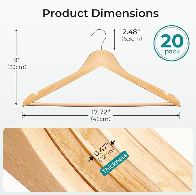 HOUSE DAY Premium Wooden Coat Hangers 20 Pack, Heavy Duty Solid Wood Clothes Hangers with 360° Swivel Hook & Pant Bar for Jackets, Dress, Shirts, Natural Wood Suit Hanger for Closet Organizer