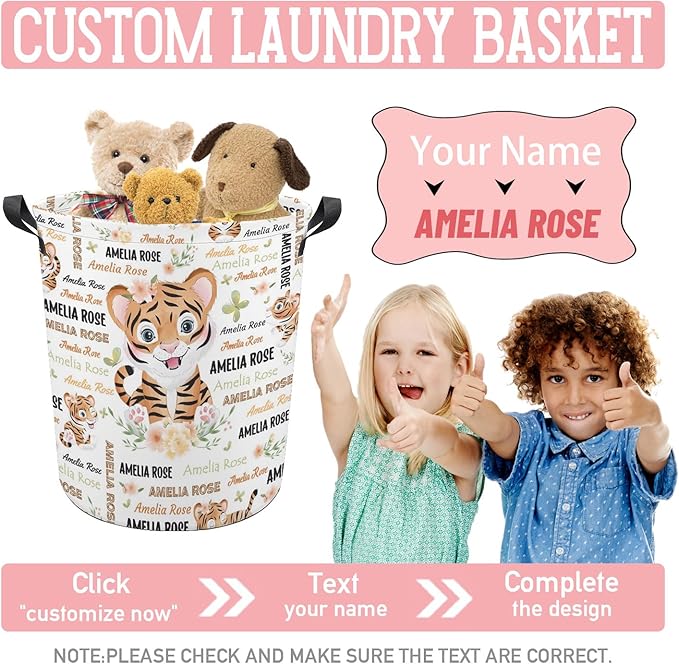 Tiger Laundry Basket,Personalized Laundry Hamper for Boys Girls,Custom Laundry Basket With Name, Customized Dirty Clothes Hamper for Bathroom Bedrooms,M-19.5"X 15.7"