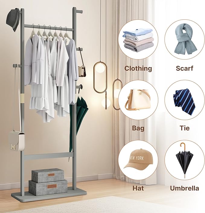 CHANCEE Solid Wood Coat Rack, Freestanding Clothes Rack with Shoe Storage, Heavy-Duty Hall Tree with 5 Hooks, Corner Coat & Hat Stand for Bedroom, Entryway, Living Room, Hotel