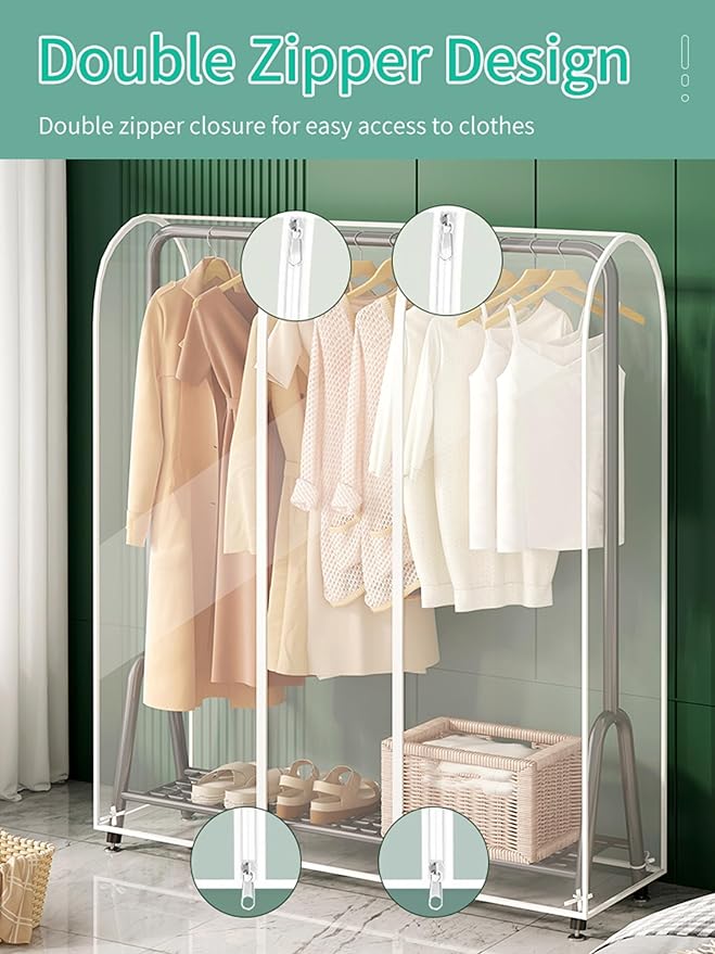 Clear Garment Rack Cover with Zipper Clothes Hanging Rack Cover Dustproof Waterproof Clothing Storage Protector (71x20x60 inch)