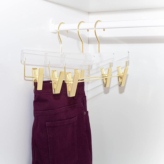 HomeCube USA Clear Acrylic Clothes Hanger with Gold Hooks & Clips – Heavy Duty Organizer for Skirts, Pants & More – Elegant Lucite Design for Closet, Home, Boutique & Retail Use