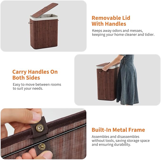 Bamboo Laundry Hamper Large 106L with Removable 4-Section Liner, Foldable Storage Basket with Lid and Handles for Bedroom, Laundry Room, Small Spaces – Brown- Rectangle