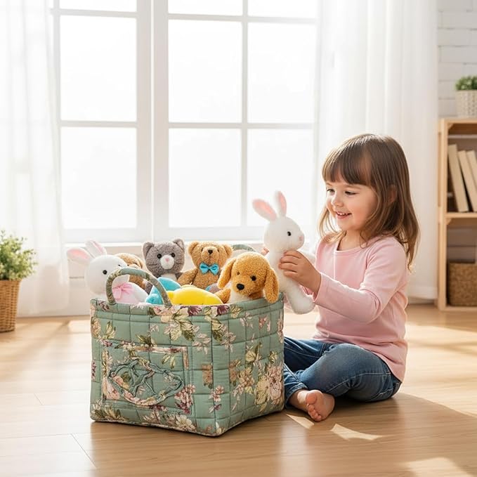 Mo&Cy Floral Pattern Storage Basket Large Capacity Fabric Storage Baskets Boho Floral Laundry Baskets with Easy Carry Handles,Baskets for Gifts Empty (Green Cottage)