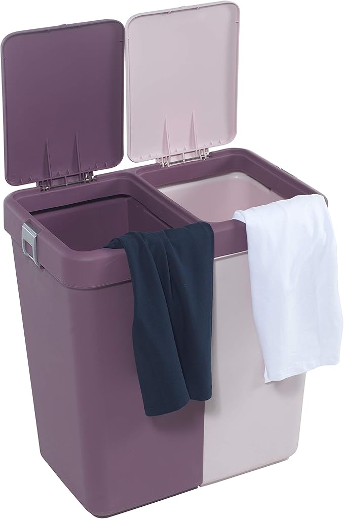 Mabel Home Plastic Laundry Basket with Lid, 2 Sections, Large Laundry Basket (Extra Trash Bin (1.6 Gallons) inc. Purple Pink)