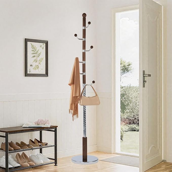 Wooden coat rack stand, Heavy duty coat racks tree freestanding with 6 Hooks and Sturdy Round Base, Coat tree for jacket,Hats, Bags, Purses, clothes (Round base-Walnut)