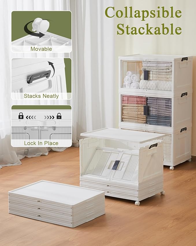 OlarHike 76QT Lockable Storage Bins with Lids - Folding Storage box with Doors and Wheels, Collapsible Plastic Bins for Closets, Stackable Organizer and Containers, Gifts, 3 Pack Cubes