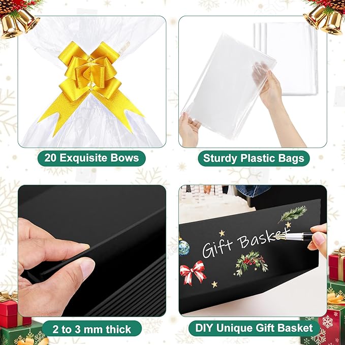 AFOROEOA 6PACK Black Baskets For Gifts Empty, 10x12”Thick Black Gift Basket with 6 Bows 6 Bags Empty Gift Baskets for Christmas Thanksgiving Wedding Birthday Party Wrapping Gift