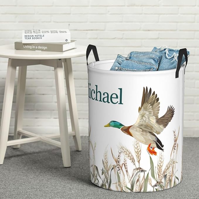 Personalized Laundry Basket for Nursery, Custom Nursery Laundry Hamper with Name, Customize Baby Clothes Circular Hamper for Boys Girls Room Decor, Wild Duck