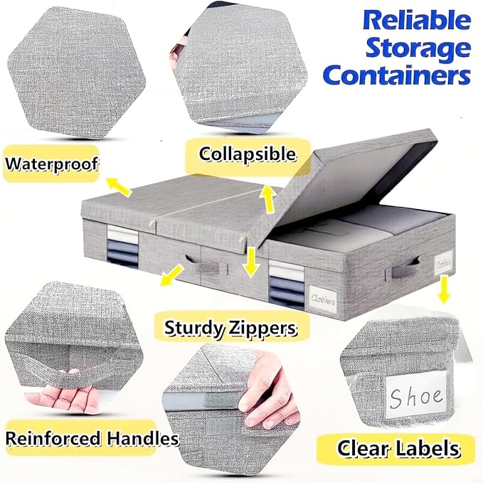 Under the Bed Storage Containers Bin with Lids, 2 pack Large Underbed Storage Organizer Box 6 Inch High with Clear Window and Zipper, Foldable Under Bed Must Haves for Clothes, Blankets, Shoes-Grey…
