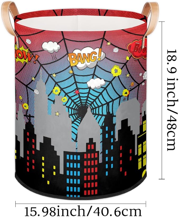 Dirty Clothes Hamper for Boys Laundry Basket City Skyline Spider Web Collapsible Large Round Storage Bin Organizer for Living Room Bedroom Playroom