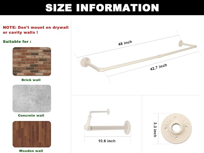 48" White Wall Mounted Clothes Rack, Industrial Pipe Iron Garment Bar, Heavy-Duty Detachable Clothing Rod, Multi-Purpose Metal Wall Display Hanging Pole for Closet Storage, Laundry Room 2 Base