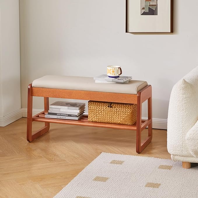Wood Shoe Bench with Flip-Top Storage, 2-Tier Entryway Shoe Bench, 31.5in Shoe Rack with Cushion for Living Room, Cherry Wood Color YD-WD061C