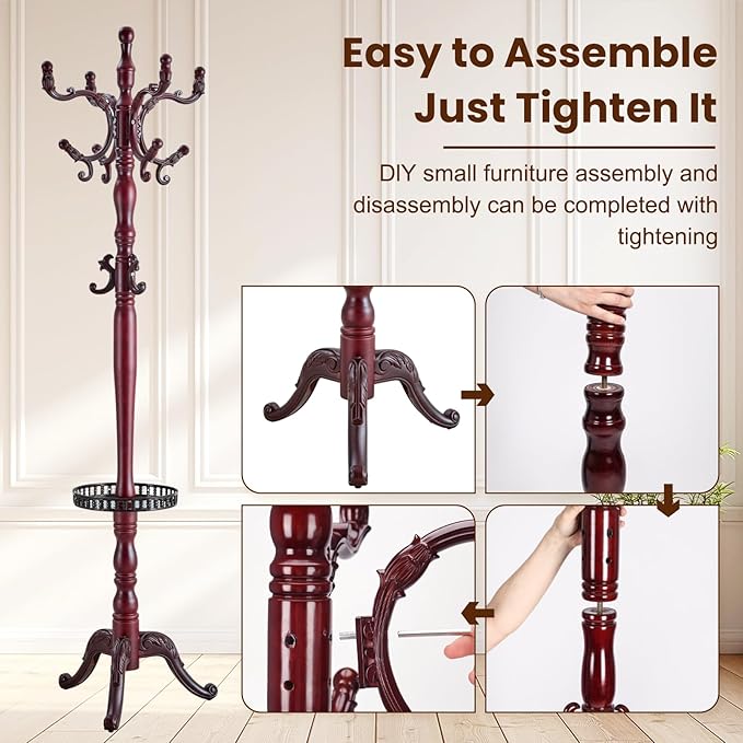 Freestanding Coat Rack with 11 Hooks, Sturdy Wooden Hall Tree for Entryway, Heavy-Duty Tri-Legged Base for Hats, Jackets, Bags, Easy Assembly for Bedroom, Hallway, Office