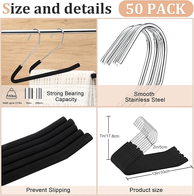 Open Ended Padded Pants Hangers Non Slip Foam Sponge Coated Pant Hangers for Men and Women Plating Anti Rust Chrome Metal for Closet Jeans Slacks Towel Skirt Organizer, Black(50 Pack)