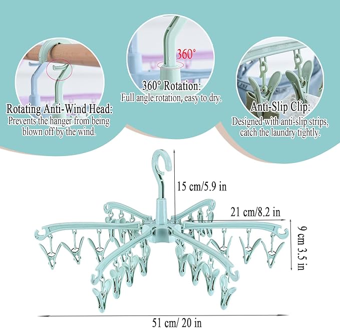 Foldable Drying Rack with 24 Clips for Drying Socks Lingerie Baby Clothes Drying Towels Rotatable Sock Drying Rack