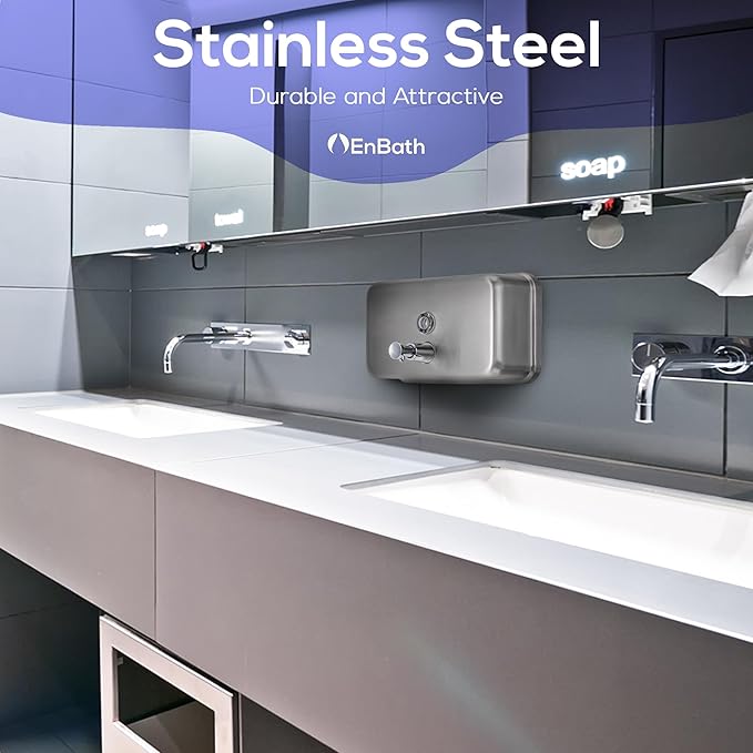 Commercial Soap Dispenser Wall Mount – Horizontal Stainless Steel Wall Mounted Soap Dispenser for Bathroom - New Superior Design with Anti-Leak Pump and Corrosion-Proof Lining- 37oz (1100ml) by EnBath