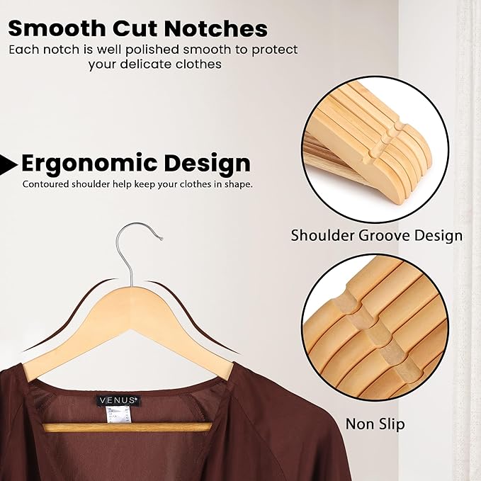 Wooden Hangers Premium Natural Bamboo Wood Hanger Well Polished Ergonomic Design & Sharply Cut Notches with Swivel Hook (Light Brown, Pack of 20)