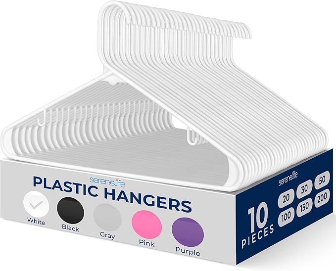 SereneLife Premium 10 Pack Plastic Hangers, Lightweight, Durable, Space Saving Clothes Organizers, Suitable for Shirts, Sweaters, Hoodies, Dresses, Kids Clothes, Good for Home Organization (White)
