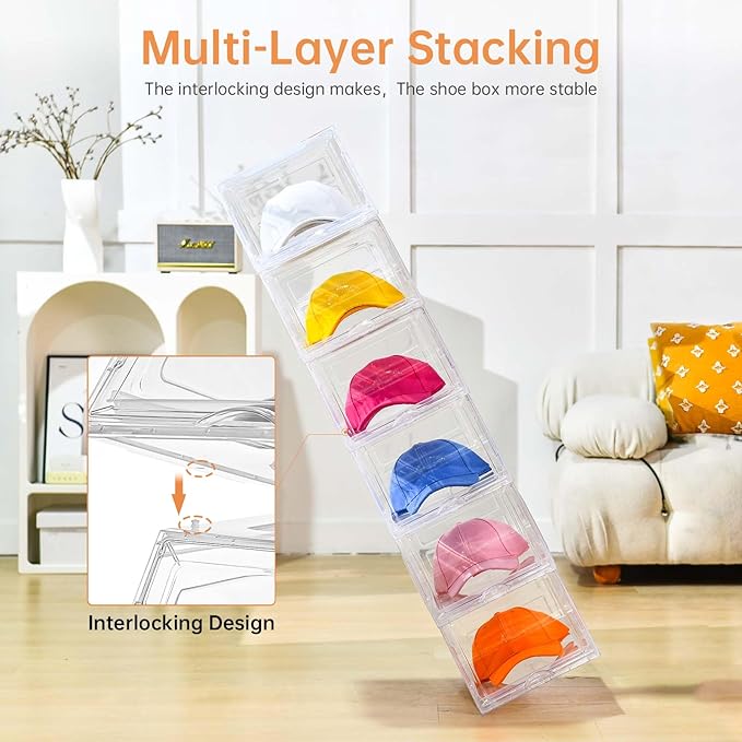 2 Pack Hat Organizer for Baseball Caps,Large Clear Cap Organizer with Drawer,Hats Holder Box for Closet with Sliding Tray,Stackable Hat Rack Display Case,Multi-use Hat Case for Caps,Each Holds 12 Hats