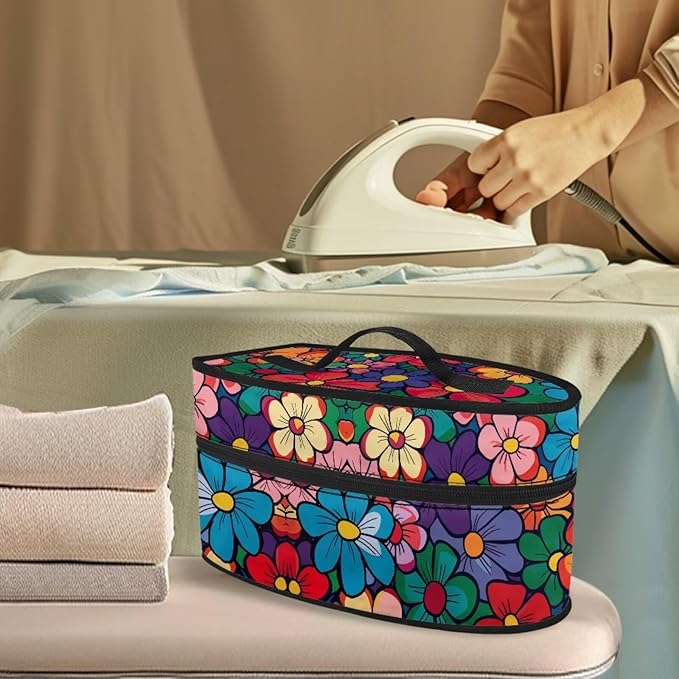 Hippie Flower Iron Portable Storage Bag Fits Traveling Outing Colorful Easy to Clean Iron Storage Case Protective Carrying Bag with Zipper Handle