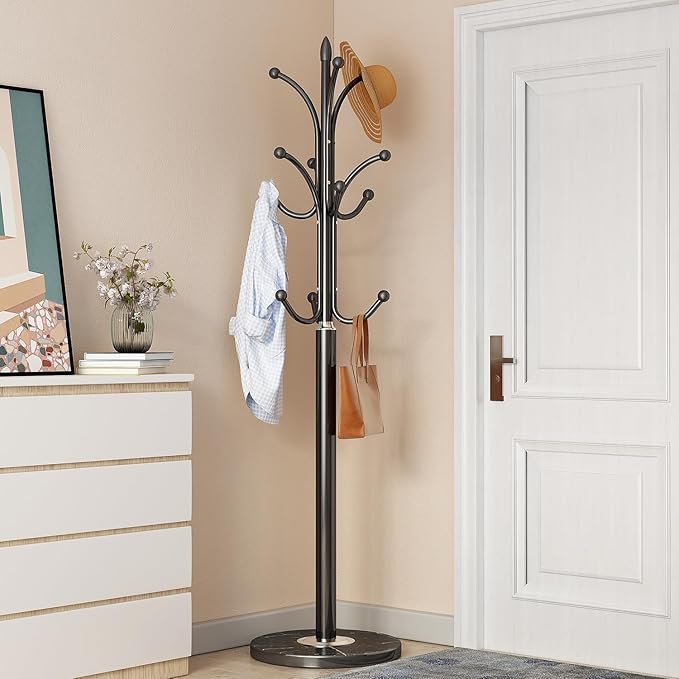 Metal Coat Rack Freestanding Sturdy Heavy Duty Coat Rack Stand with Natural Marble Base Modern Coat Racks Hall Tree Hats Hanger Holder Stand with 12 Hooks for Entryway Hallway Office, Black