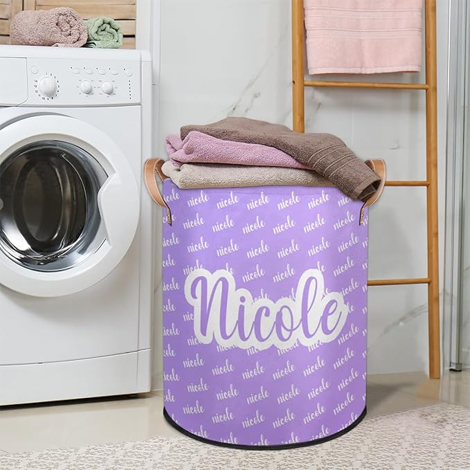 Custom Name Purple Laundry-Hamper, Personalized Kids-Clothes-Hamper Foldable with Name, Customized Storage Basket with Handles Waterproof Gift for Boys Girls Baby Women