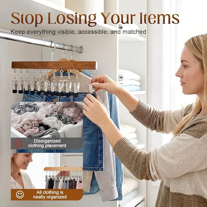 Closet Organizer with 10 Clips, Space Saving Hanging Closet Organizer, Legging Hanger for Closet Organizer with 10 Clip for Storing Jeans, Legging, Shorts (Vintage+Wood-10 Clips, 2PCS)