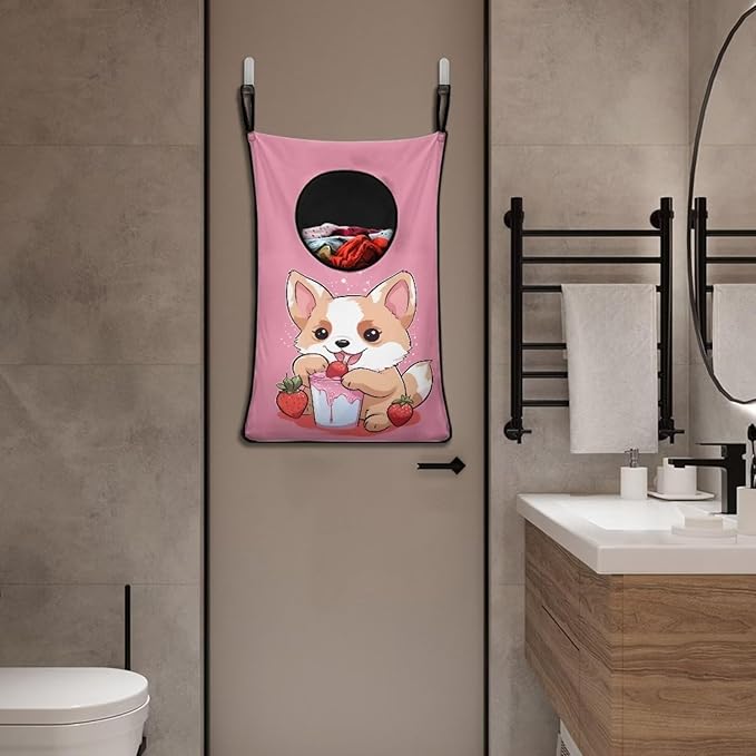 ZFRXIGN Strawberry Corgi Hanging Laundry Hamper Pink Laundry Bag Washable Dirty Hamper for Clothes Large Laundry Basket Toys Storage Organizers for Home Bedroom Bathroom Durable