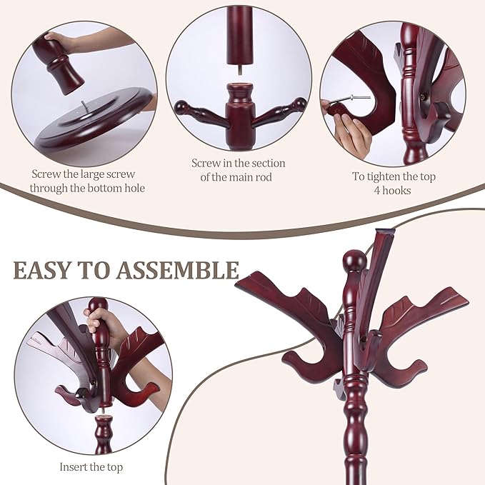 Free Standing Coat Rack with 14 Hooks, Vintage Wooden Coat Tree, Adjustable Height 73 Inches, Retro Coat Stand for Entryway, Living Room, Office & Bedroom (Mahogany) (Flying Swallow, 1 PCS)