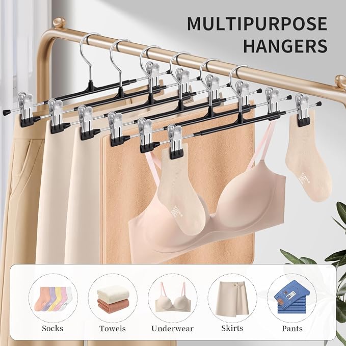 HUADYMEET 16 Inch Extended-Length Pants Skirt Hangers Non-Slip,20 Pack Adjustable Jeans Trousers Shorts Metal Clothes Hangers with Clips for Men Women, Strong Durable Heavy Duty Space Saving(Black)