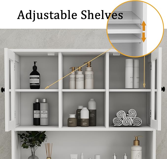 Tall Tilt-Out Double Doors Laundry Cabinet Hamper, Large Pull Out Laundry Room Storage Cabinets, Bathroom Cabinet with Hidden Laundry Hamper & Glass Doors, White,13 * 2 Gallons