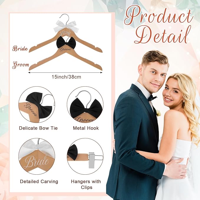 3 Pcs Bride and Groom Hangers for Dress Suit with Clips Wedding Wooden Hanger with Bow Tie for Mr and Mrs Shirt Tuxedo Suit Bridal Wedding Gift Bridesmaid Party Shower(Wood Color)