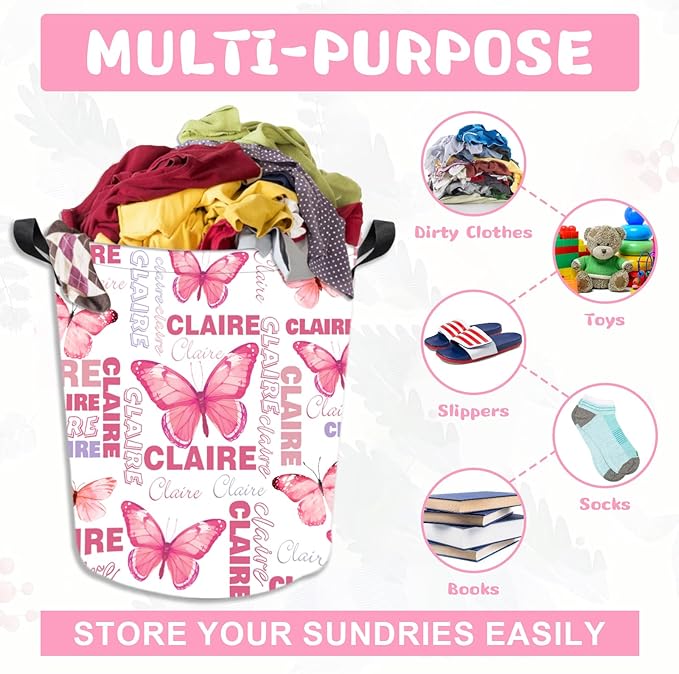 Personalized Laundry Hamper Custom Kids Dirty Clothes Hamper with Name Storage Basket for Bathroom Bedrooms Nursery for Baby Girls Boys Adults (Style-Butterfly)